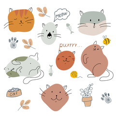 Funny cats in different poses. Simple kittens from spots and lines. Cute animal print. Vector illustration isolated on white background.