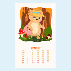 Calendar for 2023 with cute Hedgehog. The Hedgehog in the hat collects mushrooms. Pets. Furry friends. Calendar for September in cartoon style. Vector illustration.