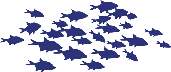 Swimming fish shoal. Blue animal silhouettes underwater