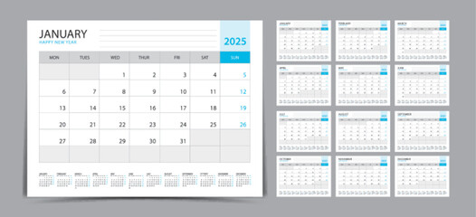 Desk calendar 2025 Set, Monthly calendar template for 2025 year. Week Starts on Sunday. Wall calendar 2025 in a minimalist style, Set of 12 months, Planner, printing template, office organizer vector