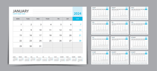Desk calendar 2024 Set, Monthly calendar template for 2024 year. Week Starts on Sunday. Wall calendar 2024 in a minimalist style, Set of 12 months, Planner, printing template, office organizer vector