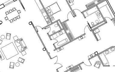 Architectural background. Part of architectural project, architectural plan of the apartment. Detailed floor plan, apartment layout, blueprint. Black and white vector illustration EPS10.