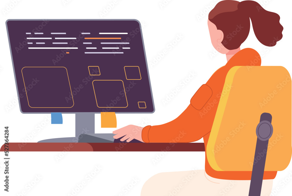 Poster woman looking on code at computer screen. programmer working