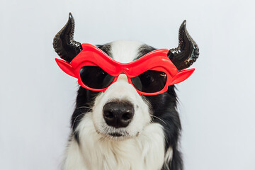 Trick or Treat concept. Funny puppy dog border collie dressed in halloween silly Satan devil eyeglasses costume scary and spooky isolated on white background. Preparation for Halloween party
