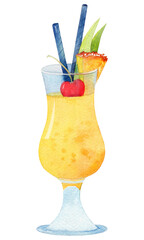 cocktail with tropical fruit, watercolor food illustration