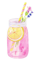 pink beverage with lemon in a glass, watercolor food illustration