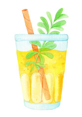 glass of lemonade with mint leaves, watercolor food illustration