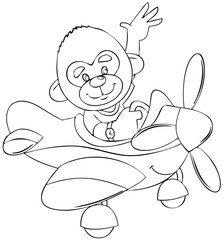 Monkey in the plane. Element for coloring page. Cartoon style.