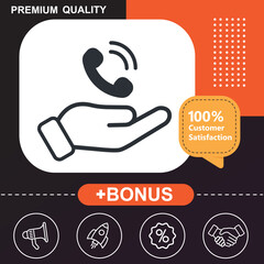 Hand holding phone icon. With orange and black background