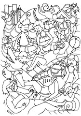 Obraz premium Children on the beach. Coloring page. Games and rest in water. Hand sketch vector.