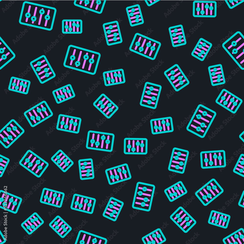 Poster line sound mixer controller icon isolated seamless pattern on black background. dj equipment slider 
