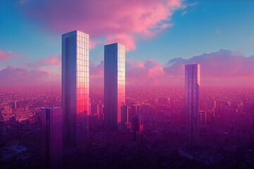 Future metropolis streets, night skyline cartoon vector with illuminated, blue and purple neon lights sci-fi city background. 3d render, Raster illustration.