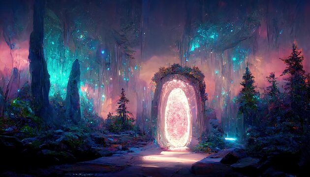 Raster illustration of portal in extraordinary magical world. Element of ice, flame, water, earth, sorcerers, witch, teleportation, Magic realism, science fiction, portal to another world. 3D artwork