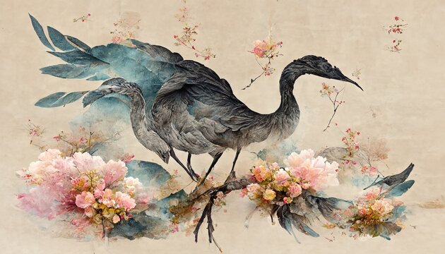 Raster illustration of composition of flowers constituting the image of a peacock. Daffodils, branch, leaf, overseas bird, secret meaning, pastel colors, romantic style. 3D rendering artwork