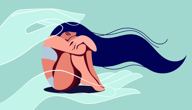 vector image on the theme of mental health. a very sad girl needs psychological support. she may be a victim of domestic violence or abuse. helping hands reach out in her. self-doubt, depression