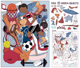 Find hidden objects. Different types of sports. Sport equipment. Puzzle for kids. Education game for family celebration, school, party, magazines. Hand drawn vector.