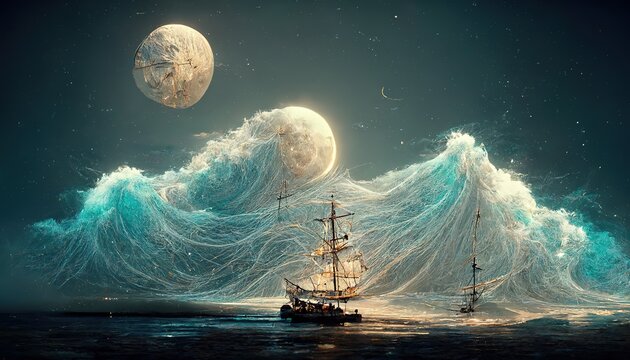Raster illustration of pirate ship with lowered sails in open sea waters under the light of the moon. Ghost ship, clouds in the form of clouds, caribbean, lagoon, ocean, magical realism. 3D rendering