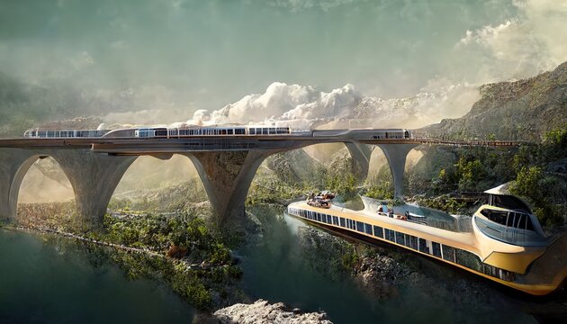 Raster illustration of steamboat under the bridge on which the train rides. Ship, liner, yacht, future, sea, stream, river, electric train, mountains, clear sky. Humanity and nature. 3D artwork