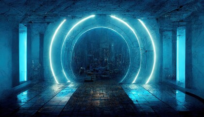Raster illustration of a portal in an underground bomb shelter. Magic powers, wizards, sorcerers, teleportation, Magic realism, science fiction, portal to another world, parallel worlds. 3D artwork