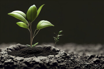 beautiful green plant growing from a pile of soil, healthy nature background,  3d render, 3d illustration