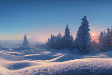 winter sunrise sunset landscape background, 3d render, 3d illustration