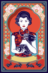 Vector of Chinese style woman holding a rabbit on a colorful background with frame is combination of Chinese and Art Nouveau patterns. Illustration.