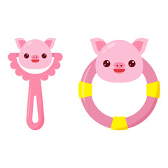A baby rattle with a handle and a ring. A rattle with a cartoon pig for kids. A gift for newborns.