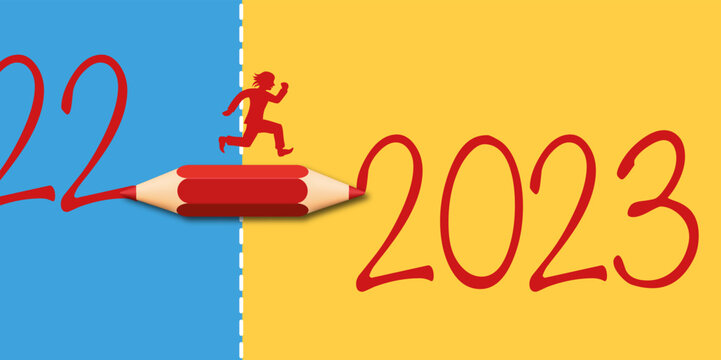 Carte de vœux 2023 symbolisant le passage à la nouvelle année avec une ligne en pointillé traversée par un crayon rouge.