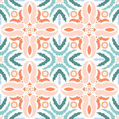Fototapeta na wymiar Ethnic geometric pattern with floral motifs in aqua and coral colors. Boho style. For wallpaper, printing on fabric, wrapping, background.