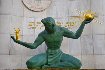 Spirit of Detroit statue in downtown Detroit. Iconic symbol of largest city in Michigan. Picture...