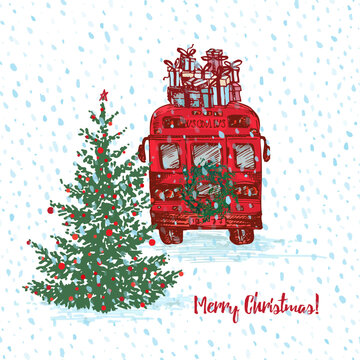 Christmas Red bus with fir tree decorated balls and gifts on roof. White snowy seamless background and text Merry Christmas and Happy New Year. Greeting card. Illustrations