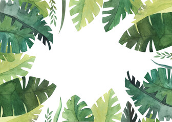 Naklejka na ściany i meble A frame of tropical green monstera leaves painted in watercolor. Handmade design elements are suitable for creating invitations, greeting cards and backgrounds
