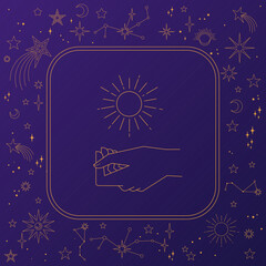 Astral celestial frame with stars, hands, sun, moon phases, and copy space. Mystic design. Ornate magical banner with a place for text. Linear geometric border