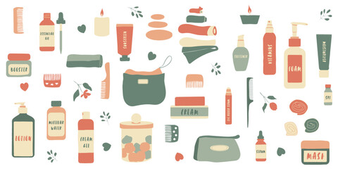 Skin care isolated objects: bottles, dispenser, tube and jars with accessories. Hand-drawn cosmetic products: cream, serum, moisturizer, lotion, spa. Flat vector illustration