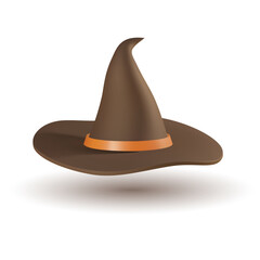 Fototapeta premium 3D realistic witch hat. Vector illustration with a cartoon black and orange magical headgear. Isolated clipart for Helloween