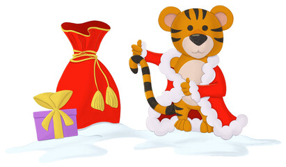 Cartoon tiger in santa clothes with gift bag.
