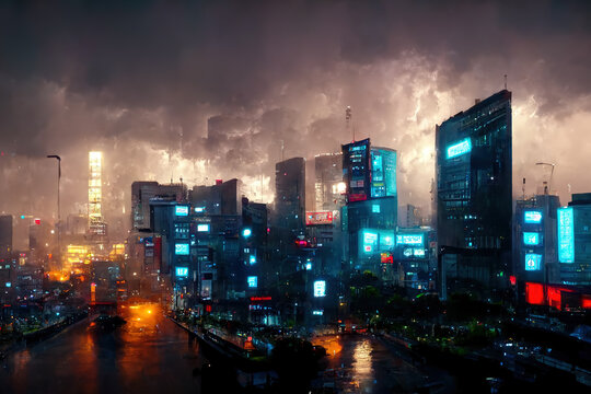 modern buildings in capital city with neon light and rainy cloud and smoke