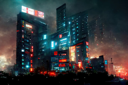 modern buildings in capital city with neon light and rainy cloud and smoke