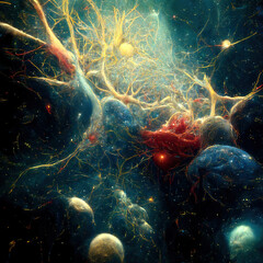 Neuron cell illustration with nervous impulses along dendrites Neural connections in outer space