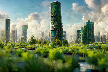 Green skyscraper building with plants in city ecology and green living in downtown, urban environment concept