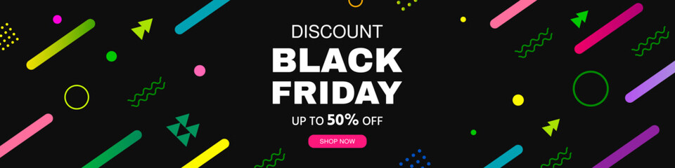 Black friday sale discount banner template. Modern Memphis style banner with dynamic elements and geometric round shapes. final sale. Promotion banner, poster template, internet ad vector illustration