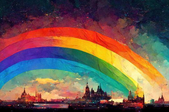 abstract watercolor illustration of city with rainbow lgbt pride parade concept