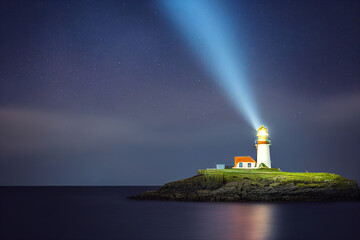 Naklejka na ściany i meble light beam of a lighthouse with copy spacein dark night