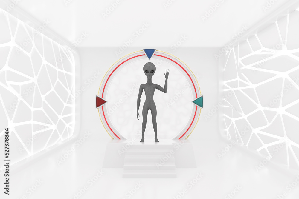 Aufkleber Alien Character Person Silhouette in Front Of White Space Gate Portal to Another Worlds and Universe in Illuminated Empty Open Space, Corridor or Room Interior. 3d Rendering