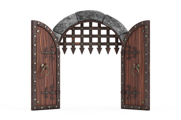 Medieval Arch Stone Blocks Castle Gate with Metal Lattice. 3d Rendering © doomu