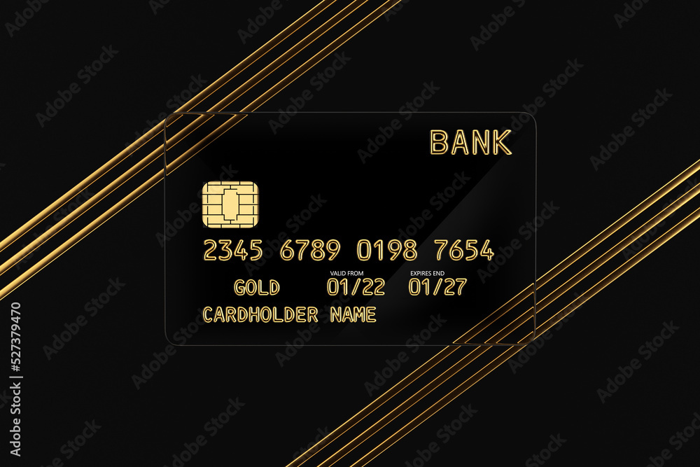 Poster black transparent plastic golden credit card with chip and abstract golden line. 3d rendering