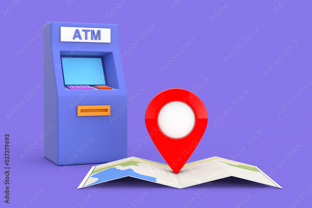Poster business technology concept. blue cartoon style atm deposit machine and folded abstract navigation m