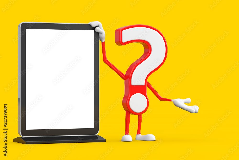 Poster question mark sign cartoon character person mascot with blank trade show lcd screen display stand as