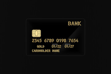 Black Plastic Golden Credit Card with Chip. 3d Rendering