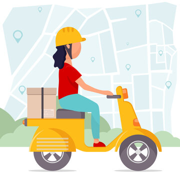 Girl on a moped. Courier. Delivery by moped. Delivery.